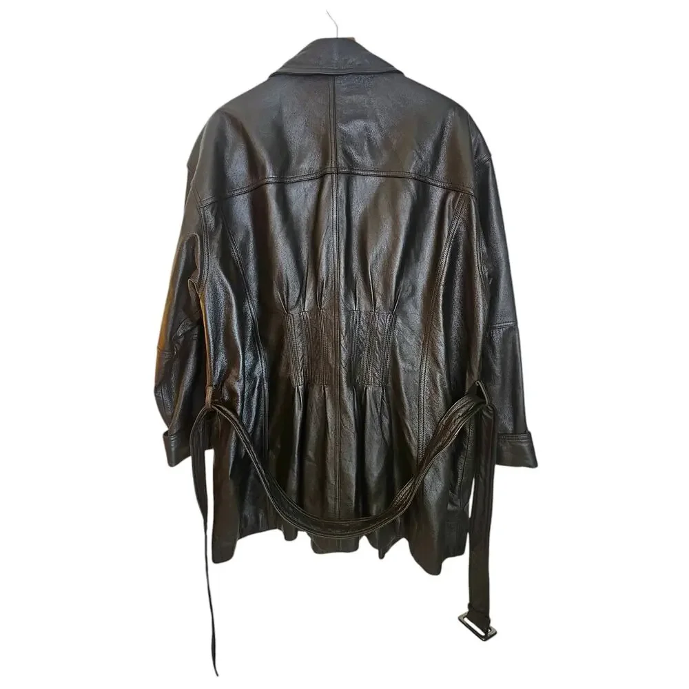Together! Vintage Dark Brown Leather Double Breasted Trench Coat with Belt